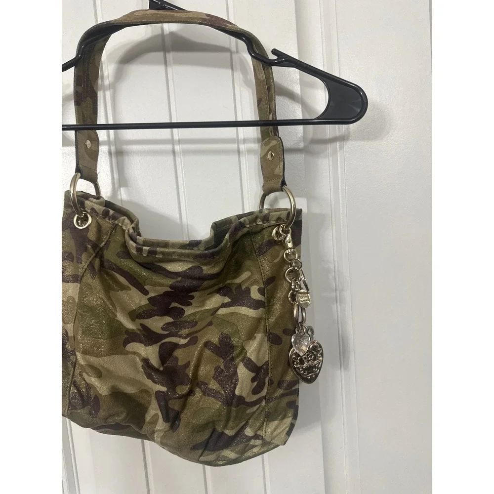 Kathy Van Zeeland Metallic Camouflage Hobo Bag Gold Green Camo Y2K Heart Charm